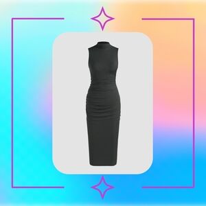 High Neck Ruched Midi Dress